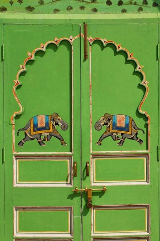 Elephants painted on a green door at City Palace, Udaipur poster print.