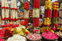 Flower shop in southern India poster print by Ali Kabas, vibrant floral artwork.