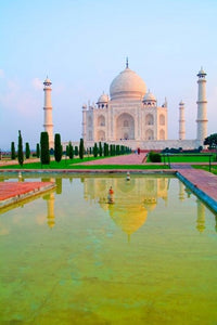 Taj Mahal Temple at Sunrise Art Print by Bill Bachmann, vibrant colors and stunning detail.