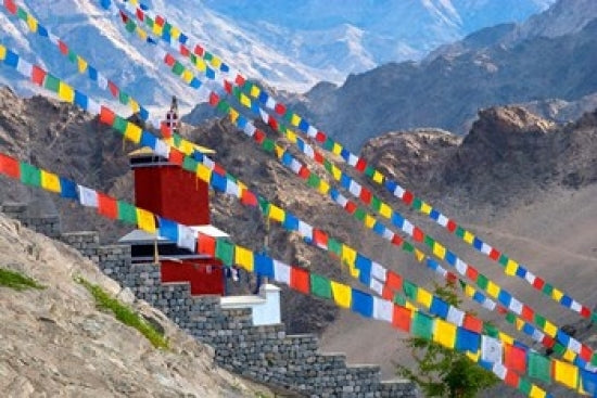 Strings of prayer flags at Thiksey Monastery poster print by Ellen Clark.