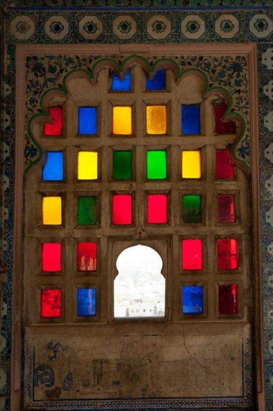 Brightly colored glass window at City Palace, Udaipur, Rajasthan, India - Poster Print by Inger Hogstrom