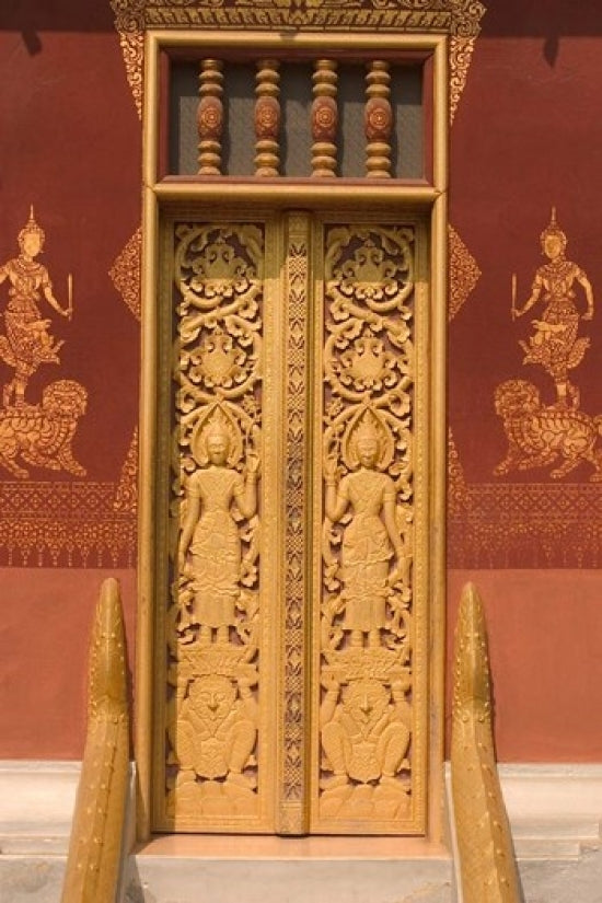 Temple Door Laos Poster Print by Gavriel Jecan, showcasing intricate details and vibrant colors.