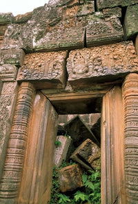 Wat Phu Khmer Palace Doorway Poster Print by Nik Wheeler, showcasing intricate architectural detail.