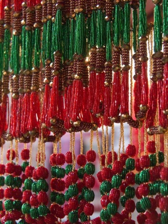 Colorful beads hanging in a store in Kathmandu, Nepal.