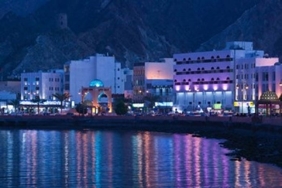 Mutrah Corniche buildings poster print by Walter Bibikow showcasing vibrant architecture in Muscat, Oman.
