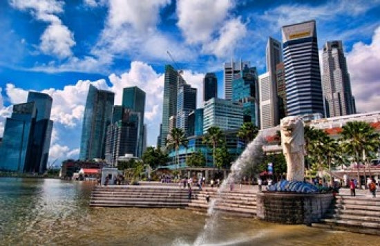 Merlion poster print showcasing Singapore skyline by Bill Bachmann.