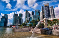 Merlion poster print showcasing Singapore skyline by Bill Bachmann.
