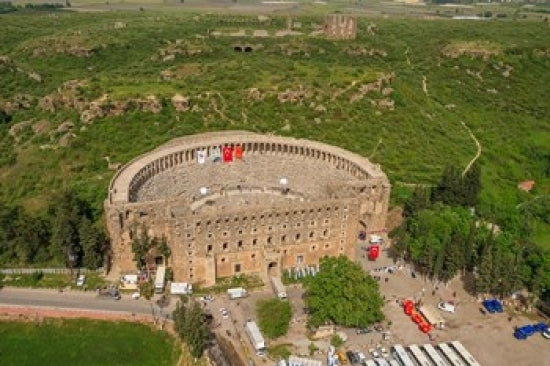 Aerial view of the amphitheater of Aspendos in Antalya, Turkey, poster print by Ali Kabas.