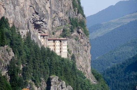 Sumela Monastery poster print by Cindy Miller Hopkins showcasing stunning architecture in Trabzon, Turkey.