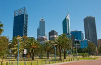 Perth skyline poster print showcasing modern architecture and cityscape by Bill Bachmann.
