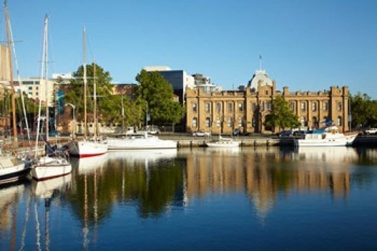 Australia Hobart Boats Poster Print showcasing a vibrant harbor scene