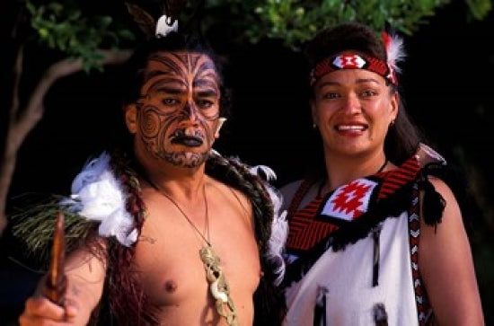 New Zealand Maori culture poster print by Bill Bachmann showcasing colorful traditional attire.