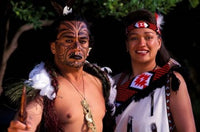 New Zealand Maori culture poster print by Bill Bachmann showcasing colorful traditional attire.