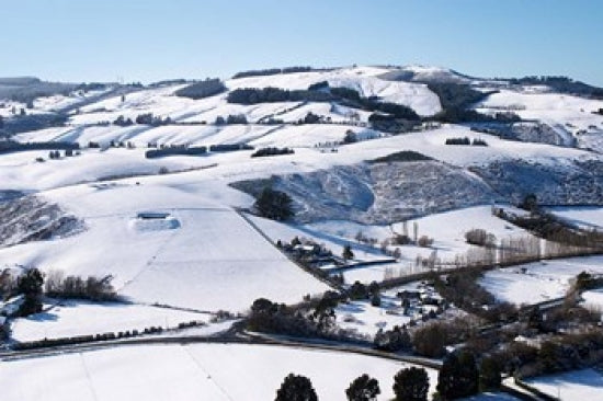 Winter snow landscape near Invermay Research Centre, Taieri Plain, South Island, New Zealand poster print by David Wall.