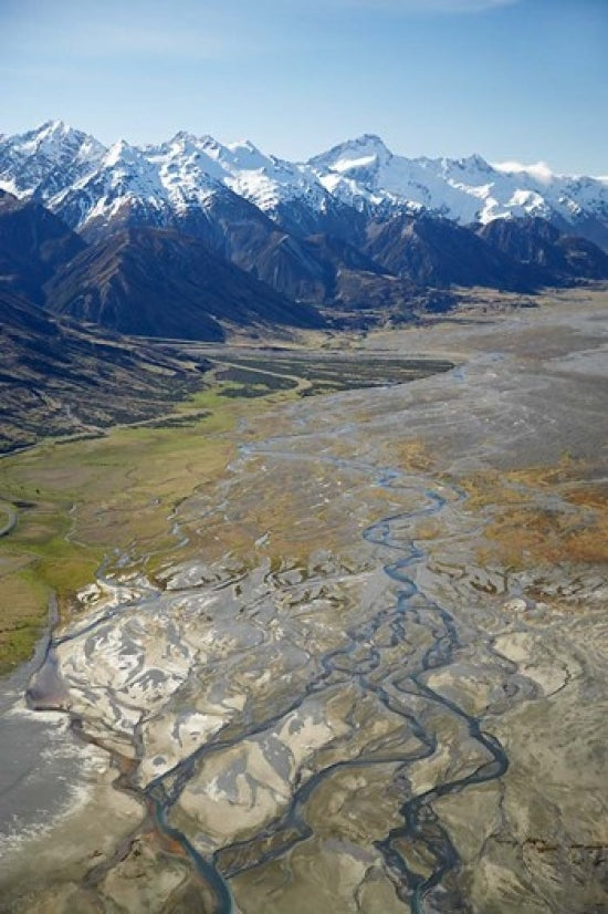 Tasman River and Ben Ohau Range poster print by David Wall, showcasing New Zealand's natural beauty.