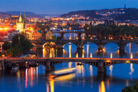 Prague sunset poster print featuring city and river bridges by Jaynes Gallery.