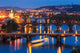 Prague sunset poster print featuring city and river bridges by Jaynes Gallery.