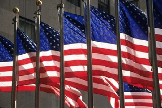 US Flags in Rockefeller Plaza New York Poster Print