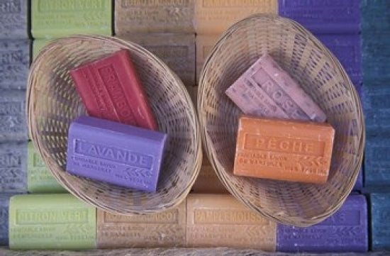 Traditional Soaps Poster Print from Marseille, France featuring vibrant colors.