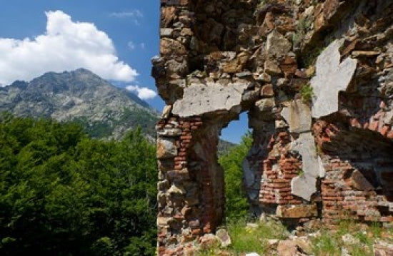 Genoese Fort Ruins Poster Print by Scott T. Smith showcasing historic architecture in Corsica, France.