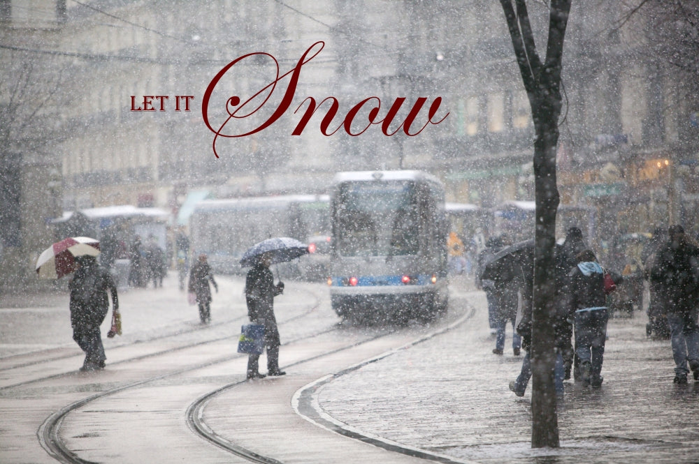 Winter snowstorm scene at Place Grenette in Grenoble, France poster print.