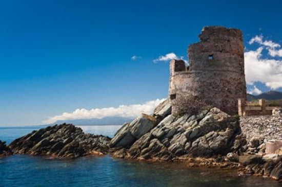 Genoese Tower, Erbalunga Poster Print by Walter Bibikow showcasing scenic coastal beauty.