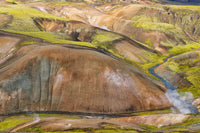 Iceland Fjallabak Nature Reserve Poster Print featuring multicolored lava hills and a small river by Ellen Goff.