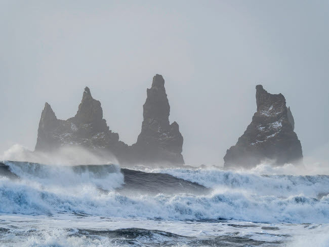 Reynisdrangar sea stacks winter poster print by Martin Zwick, showcasing stunning Icelandic landscape.
