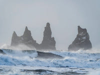 Reynisdrangar sea stacks winter poster print by Martin Zwick, showcasing stunning Icelandic landscape.
