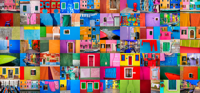 Burano Collage Poster Print featuring colorful images of Burano, Italy.