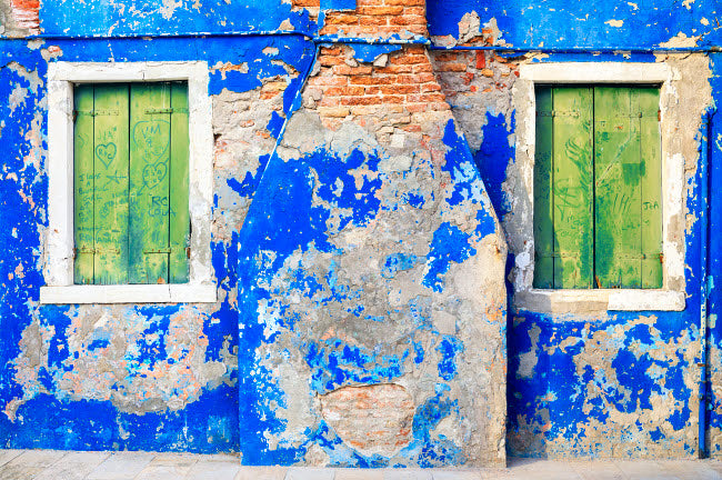 Italy Burano Weathered House Exterior Poster Print showcasing vibrant colors and unique architecture.