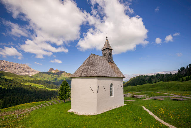 Dolomites Mountain Chapel Poster Print by Jim Nilsen, Seiser Alm.