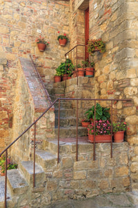 Italy Val d'Orcia in Tuscany Poster Print by Emily Wilson with stairs and potted flowers.