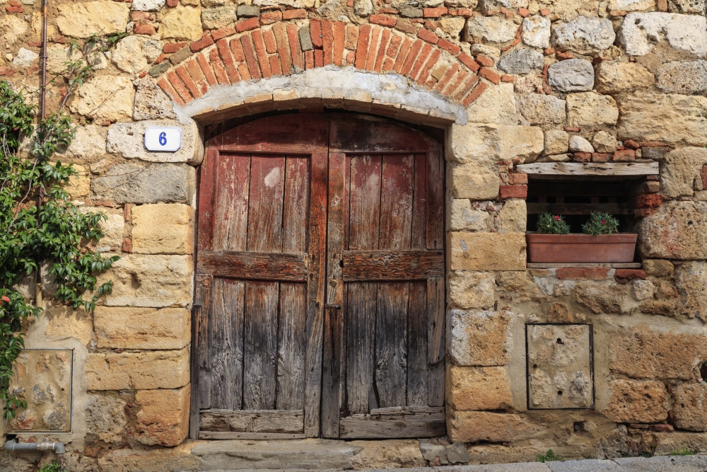 Monteriggioni stone wall with wooden door and geraniums poster print by Emily Wilson.