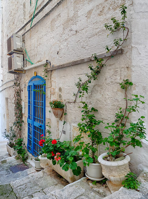 Ostuni Blue Door and Potted Plants Poster Print by Julie Eggers