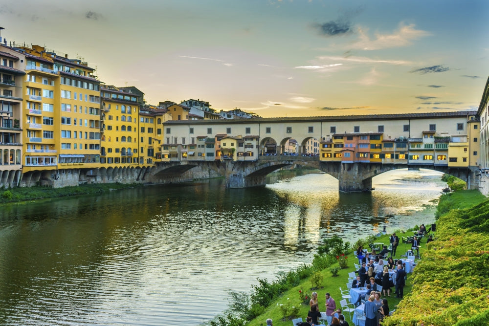 Evening Dinner Party by the Arno River, Ponte Vecchio, Florence Poster Print by William Perry