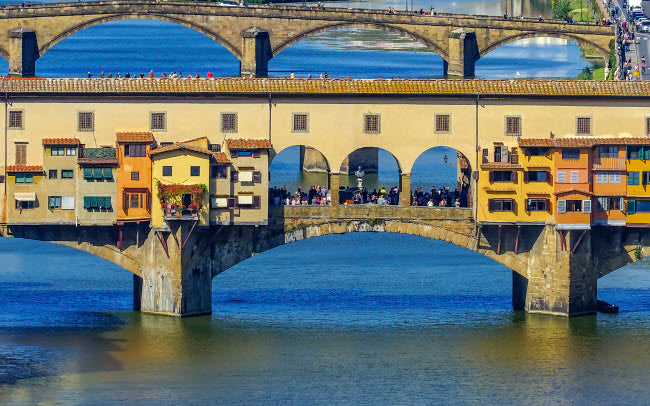 Ponte Vecchio Bridge Poster Print by William Perry, showcasing the historic architecture of Florence, Italy.