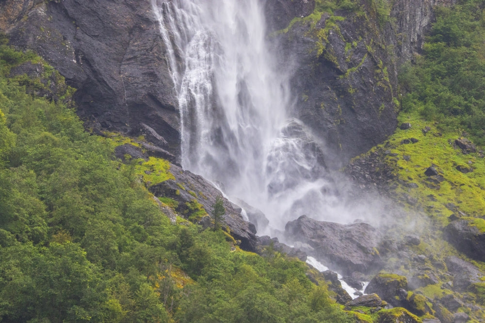 Waterfall, on the Flamm Railway poster print by Mallorie Ostrowitz, showcasing a serene landscape.