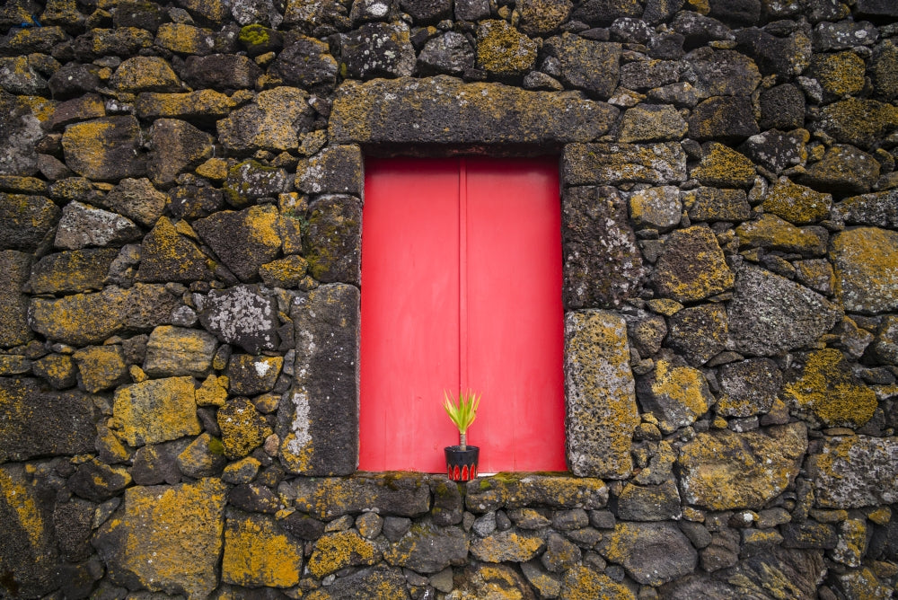 Red doors on a barn in Pico Island, Azores - Poster Print by Walter Bibikow