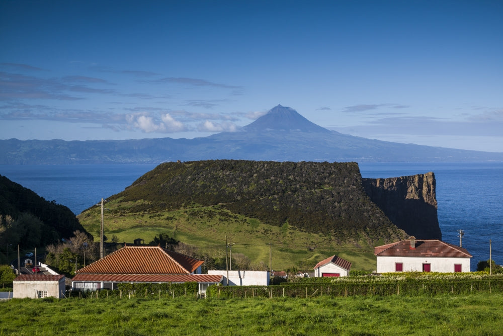Baia dos Arraias poster print showcasing Pico Volcano, Sao Jorge Island, Azores.