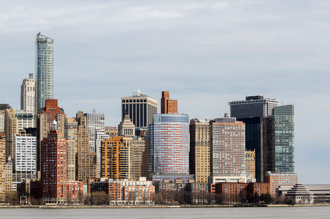 Lower Manhattan skyline poster print from the Hudson River by Susan Pease.