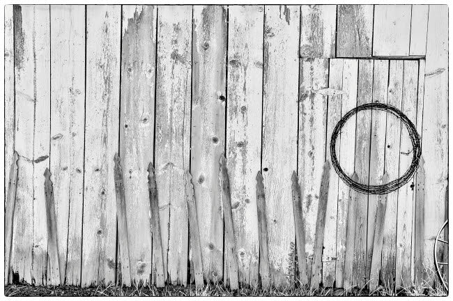 Black and white poster print of an old wooden shed with barbed wire by Darrell Gulin.