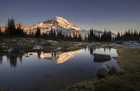 Tarn in Spray Park reflecting Mt. Rainier at sunset poster print by Gary Luhm