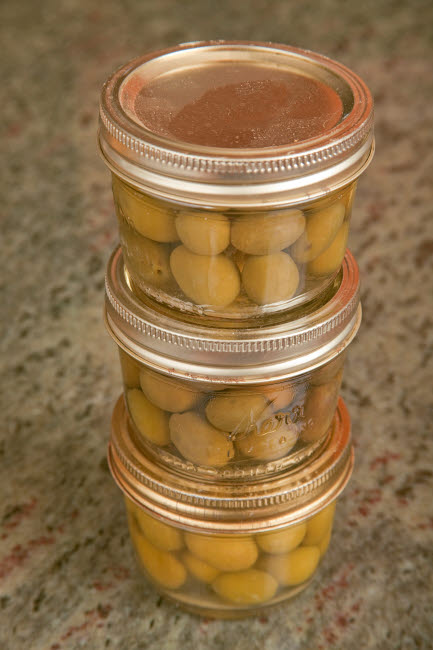 Three jars of home canned olives on a granite countertop in a kitchen poster print by Janet Horton