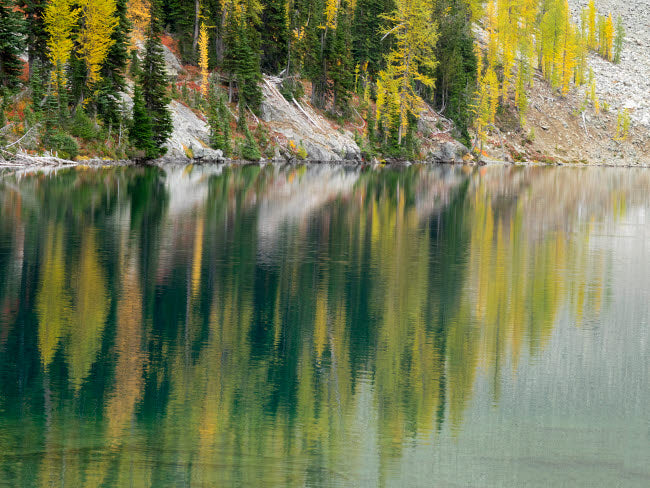 Reflections at Blue Lake Poster Print by Jamie & Judy Wild, showcasing serene lake reflections and vibrant forest colors.