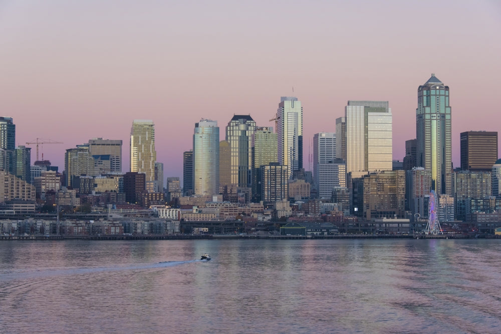 Twilight light on Seattle skyline and Elliott Bay poster print by Trish Drury.