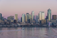 Twilight light on Seattle skyline and Elliott Bay poster print by Trish Drury.