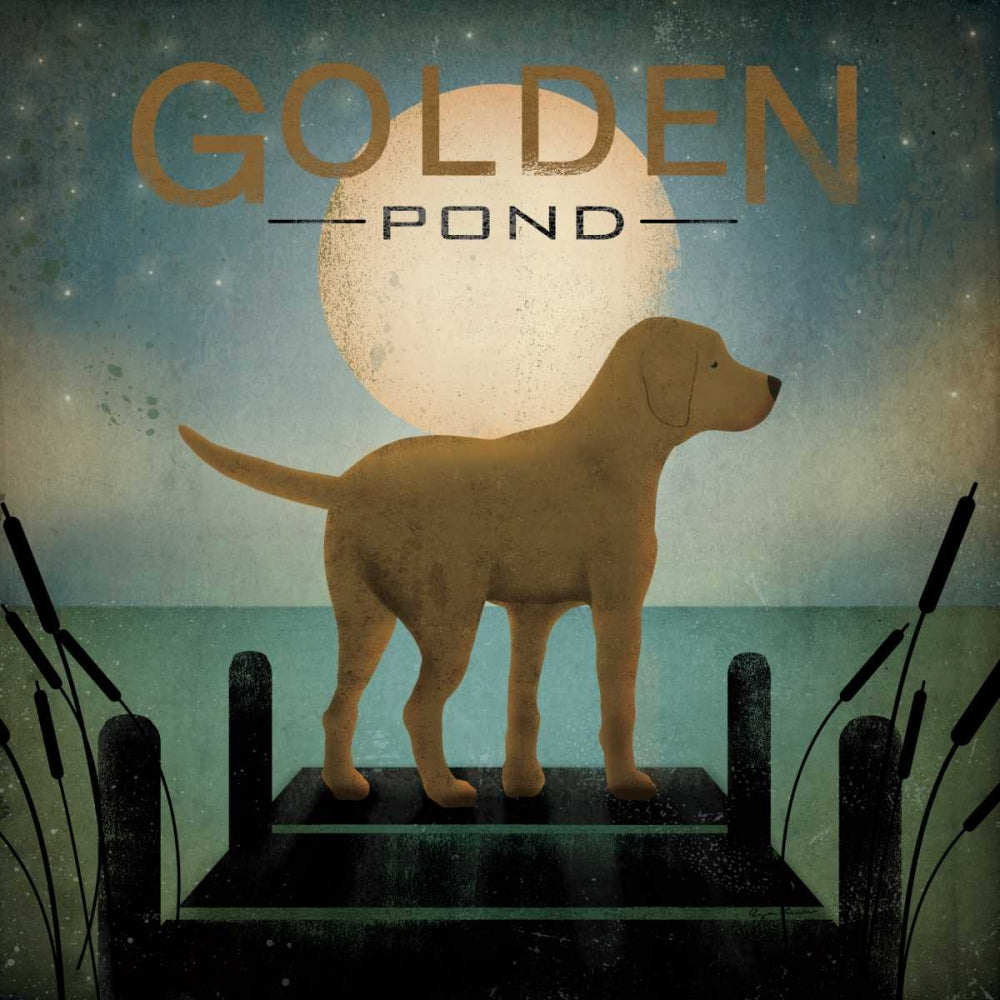 Moonrise Yellow Dog - Golden Pond Poster Print by Ryan Fowler, featuring a golden dog against a serene pond.
