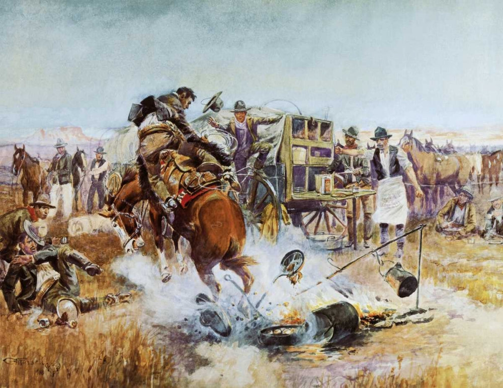 Bronc to Breakfast fine art print by Charles M. Russell showcasing a bronco and rider.