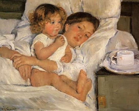 Breakfast In Bed 1897 Art Print by Mary Cassatt, featuring a mother and child.